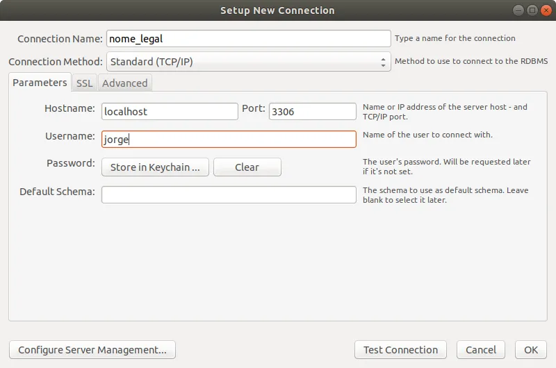 MySQL Workbench new-connection dialog.