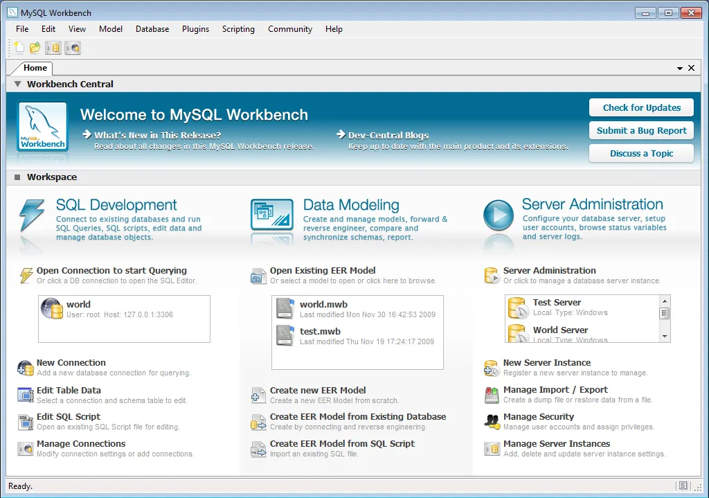 MySQL Workbench home screen.