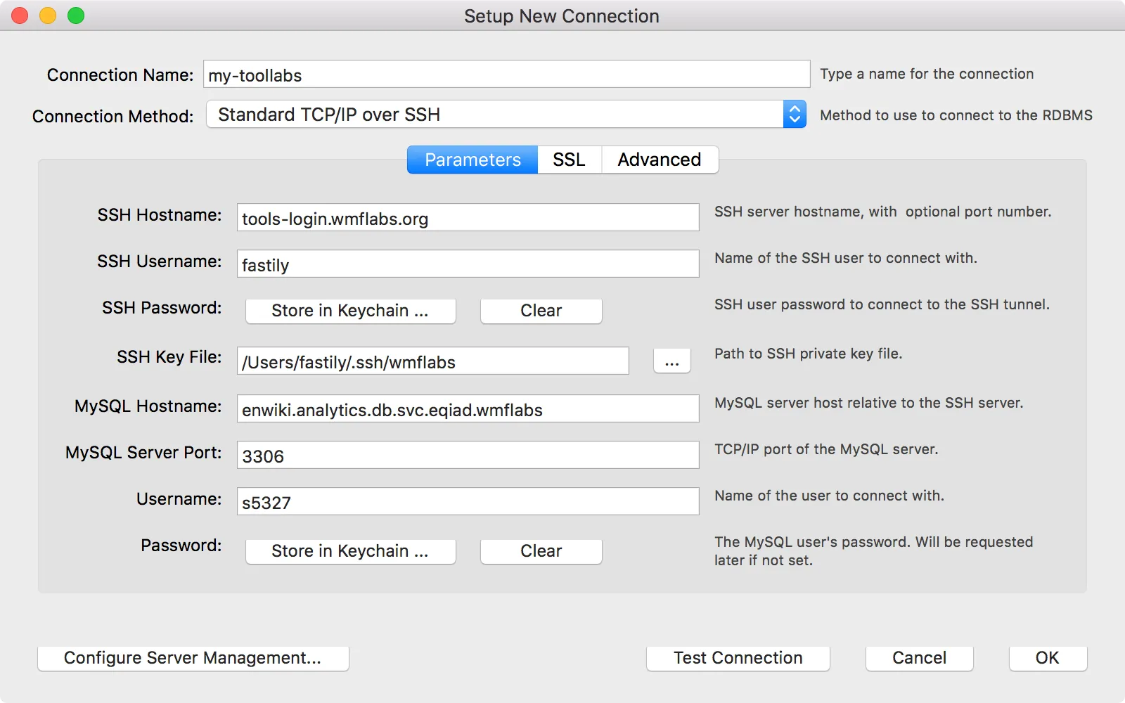 MySQL Workbench connection setup.