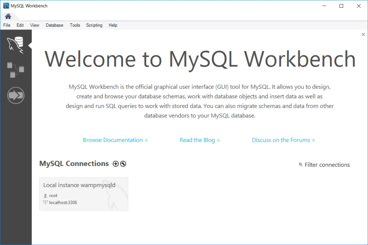 MySQL Workbench SQL editor and object browser.
